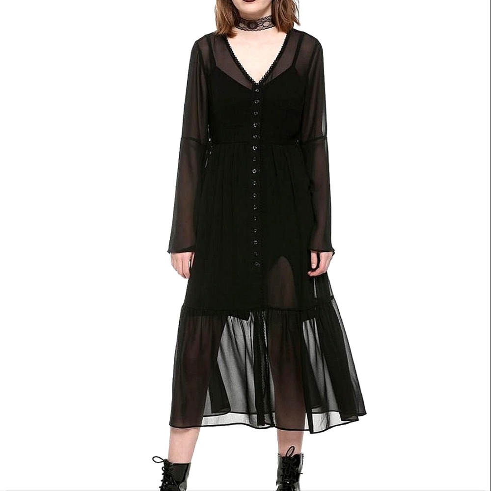 Hot Topic Black Sheer Button Chiffon Bell sleeve Duster Dress Goth Plus 3X
